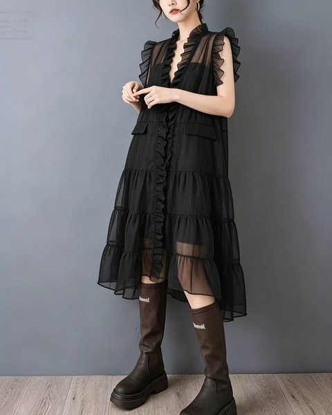 ellazhu Women's Sheer Organza Mesh Vest Dress Ruffle Sleeveless Long Cardigan Plus Size Cover Up Flowy GZ910