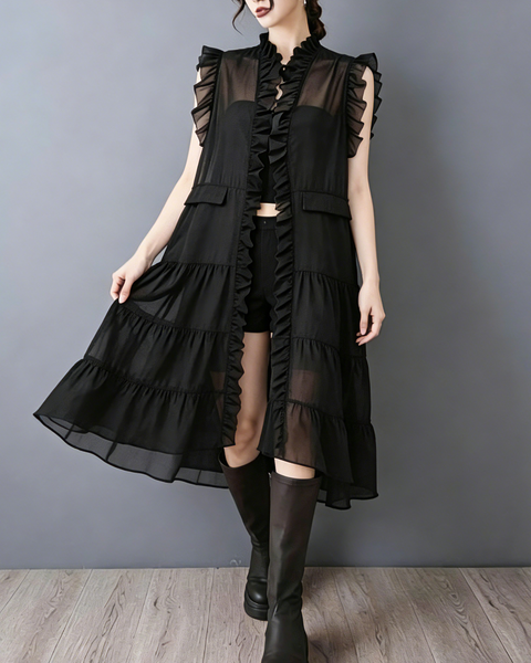 ellazhu Women's Sheer Organza Mesh Vest Dress Ruffle Sleeveless Long Cardigan Plus Size Cover Up Flowy GZ910