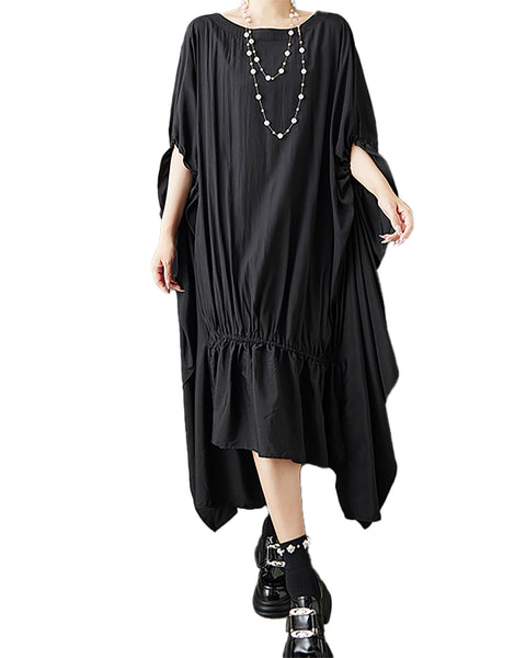 ellazhu Women's Batwing Sleeve Midi Dress Loose Oversized Ruched Irregular Ruffle Hem Casual Plus Size Solid GZ913
