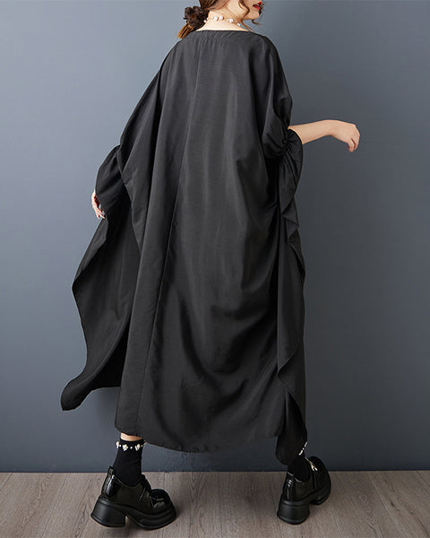 ellazhu Women's Batwing Sleeve Midi Dress Loose Oversized Ruched Irregular Ruffle Hem Casual Plus Size Solid GZ913