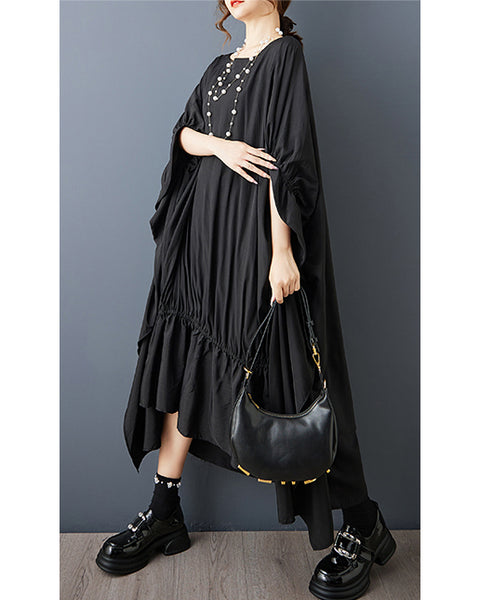 ellazhu Women's Batwing Sleeve Midi Dress Loose Oversized Ruched Irregular Ruffle Hem Casual Plus Size Solid GZ913