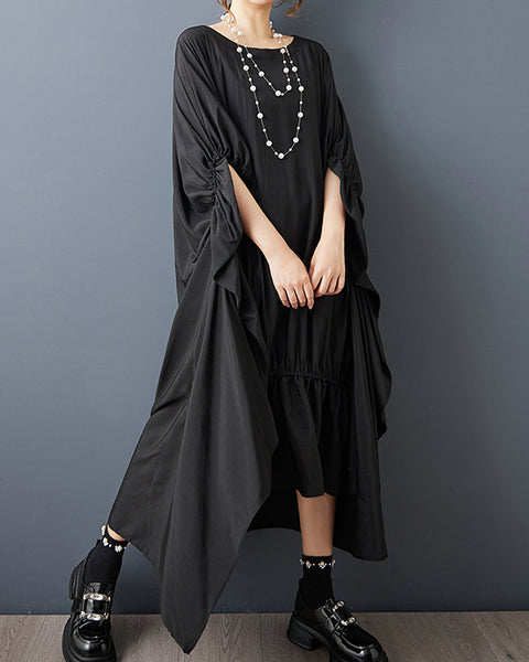 ellazhu Women's Batwing Sleeve Midi Dress Loose Oversized Ruched Irregular Ruffle Hem Casual Plus Size Solid GZ913