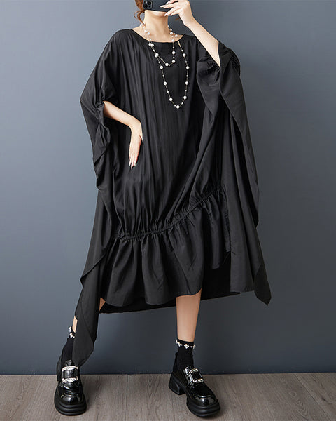 ellazhu Women's Batwing Sleeve Midi Dress Loose Oversized Ruched Irregular Ruffle Hem Casual Plus Size Solid GZ913