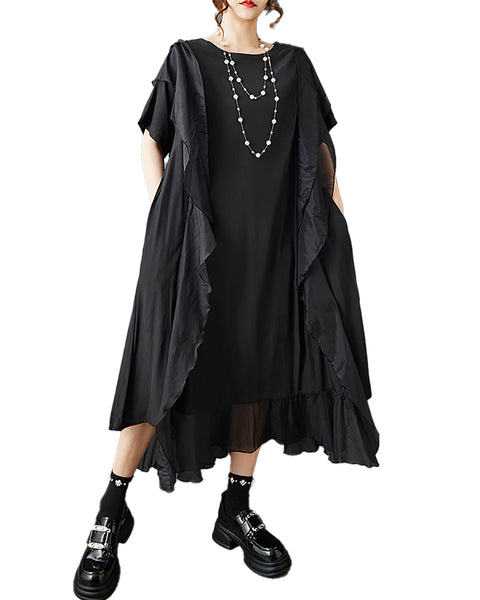 ellazhu Women's Mesh Patchwork Midi Dress Asymmetrical Ruffle Trim Loose Plus Size Short Sleeve Gothic GZ914