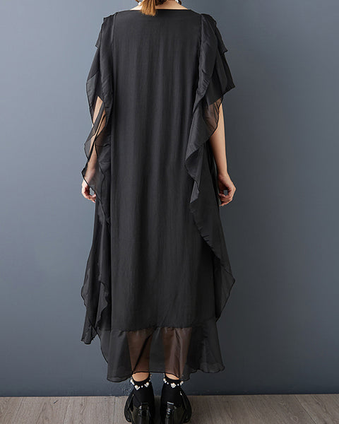 ellazhu Women's Mesh Patchwork Midi Dress Asymmetrical Ruffle Trim Loose Plus Size Short Sleeve Gothic GZ914
