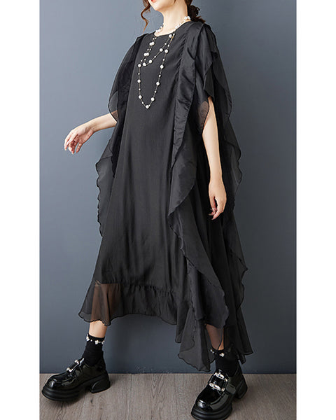 ellazhu Women's Mesh Patchwork Midi Dress Asymmetrical Ruffle Trim Loose Plus Size Short Sleeve Gothic GZ914