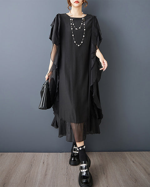 ellazhu Women's Mesh Patchwork Midi Dress Asymmetrical Ruffle Trim Loose Plus Size Short Sleeve Gothic GZ914