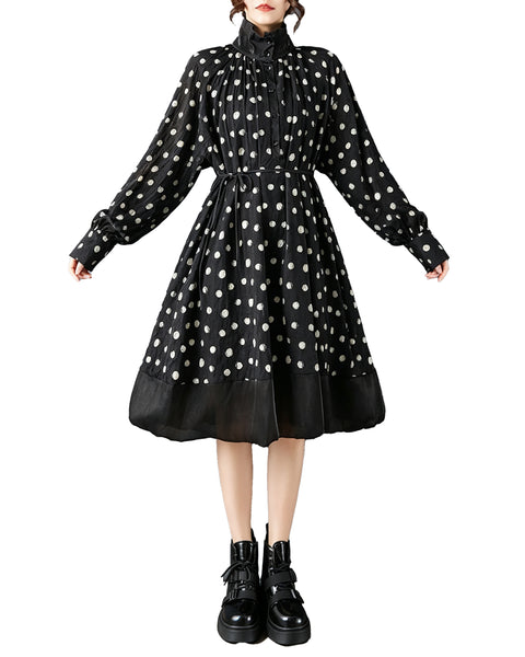 ellazhu Women's Polka Dot Stand Collar A Line Midi Dress Casual GZ915