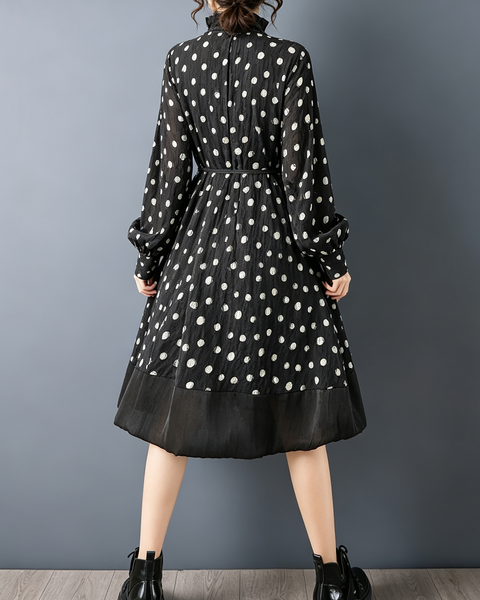 ellazhu Women's Polka Dot Stand Collar A Line Midi Dress Casual GZ915