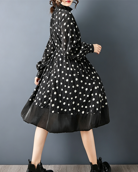 ellazhu Women's Polka Dot Stand Collar A Line Midi Dress Casual GZ915