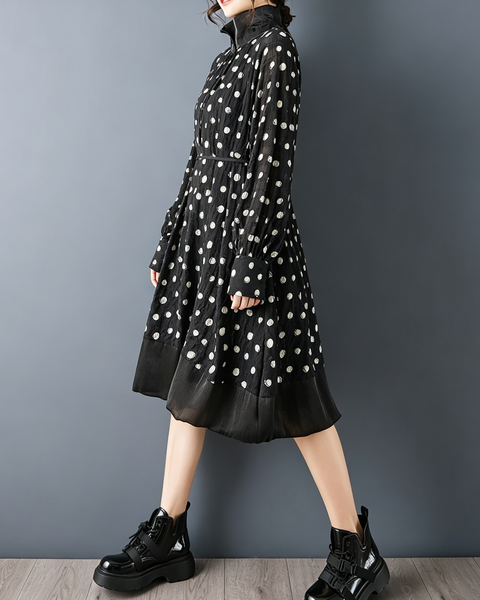 ellazhu Women's Polka Dot Stand Collar A Line Midi Dress Casual GZ915