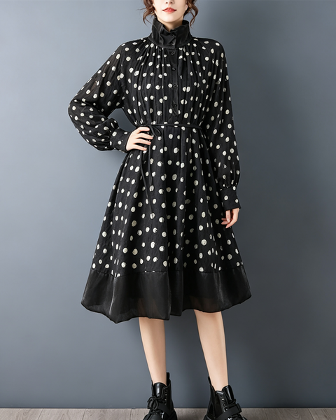 ellazhu Women's Polka Dot Stand Collar A Line Midi Dress Casual GZ915