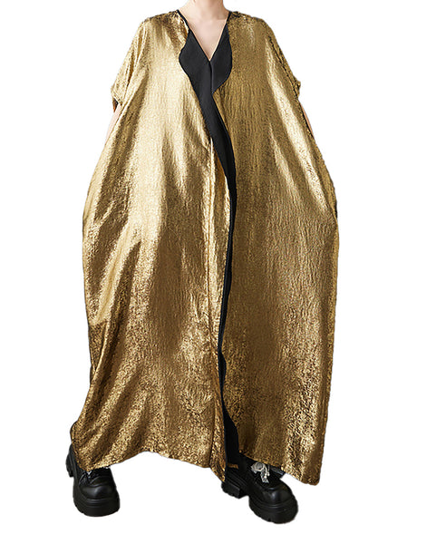 ellazhu Women's Metallic Gold Kaftan Maxi Dress Loose Plus Size Short Sleeve V Neck Oversized Party Gown GZ917