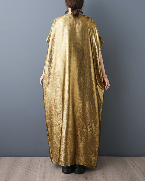 ellazhu Women's Metallic Gold Kaftan Maxi Dress Loose Plus Size Short Sleeve V Neck Oversized Party Gown GZ917