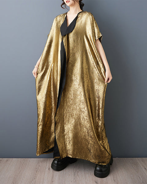ellazhu Women's Metallic Gold Kaftan Maxi Dress Loose Plus Size Short Sleeve V Neck Oversized Party Gown GZ917