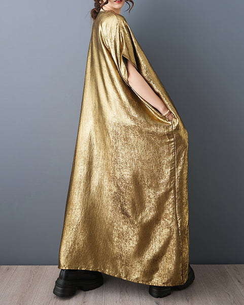 ellazhu Women's Metallic Gold Kaftan Maxi Dress Loose Plus Size Short Sleeve V Neck Oversized Party Gown GZ917