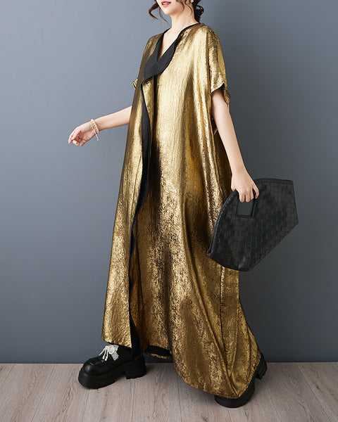 ellazhu Women's Metallic Gold Kaftan Maxi Dress Loose Plus Size Short Sleeve V Neck Oversized Party Gown GZ917
