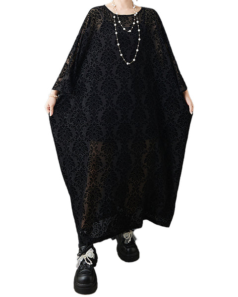 ellazhu Women¡¯s Black Sheer Floral Lace Kaftan Dress Crew Neck Oversized Batwing Sleeve Loose Plus Size Midi Gown GZ918