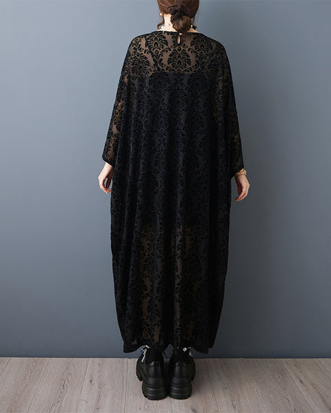ellazhu Women¡¯s Black Sheer Floral Lace Kaftan Dress Crew Neck Oversized Batwing Sleeve Loose Plus Size Midi Gown GZ918