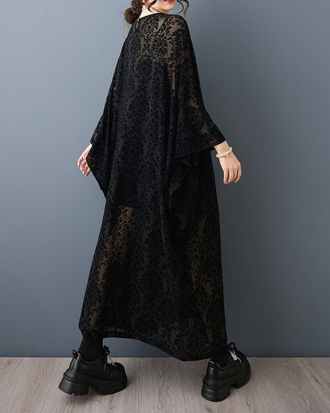 ellazhu Women¡¯s Black Sheer Floral Lace Kaftan Dress Crew Neck Oversized Batwing Sleeve Loose Plus Size Midi Gown GZ918