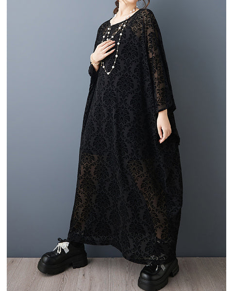 ellazhu Women¡¯s Black Sheer Floral Lace Kaftan Dress Crew Neck Oversized Batwing Sleeve Loose Plus Size Midi Gown GZ918