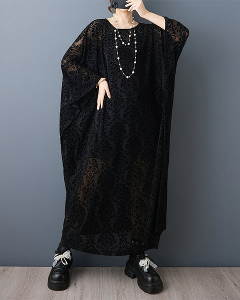 ellazhu Women¡¯s Black Sheer Floral Lace Kaftan Dress Crew Neck Oversized Batwing Sleeve Loose Plus Size Midi Gown GZ918