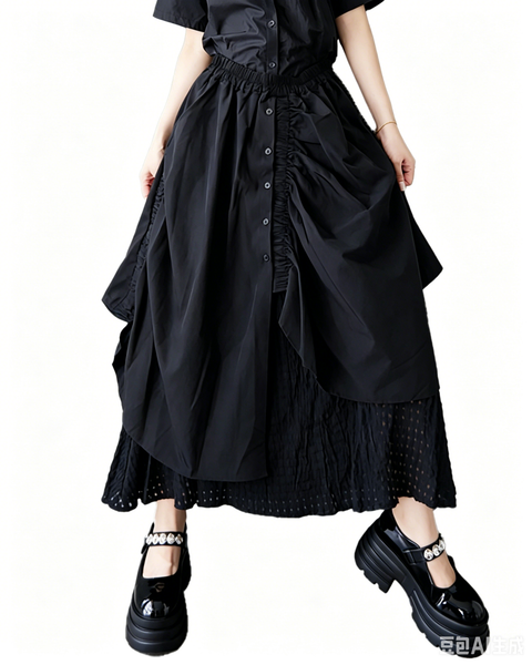 ellazhu Women's Layered Patchwork Maxi Skirt Drawstring Elastic Waist Asymmetrical Hollow Out A Line Gothic GZ920