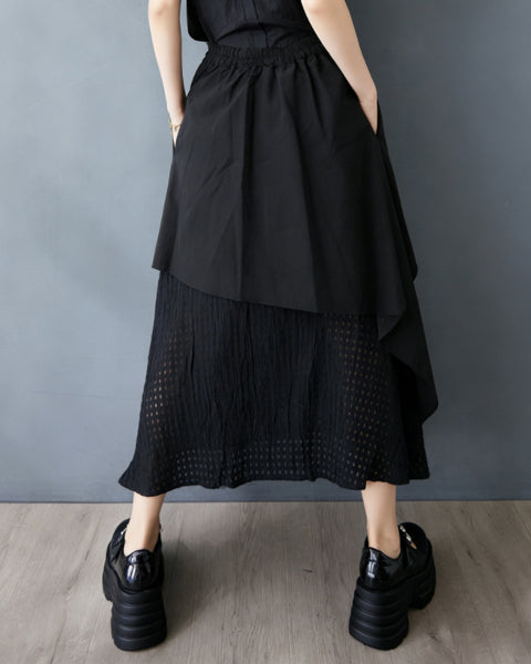 ellazhu Women's Layered Patchwork Maxi Skirt Drawstring Elastic Waist Asymmetrical Hollow Out A Line Gothic GZ920