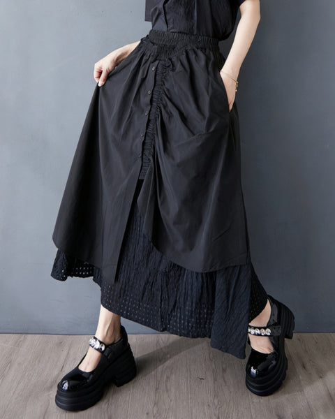 ellazhu Women's Layered Patchwork Maxi Skirt Drawstring Elastic Waist Asymmetrical Hollow Out A Line Gothic GZ920