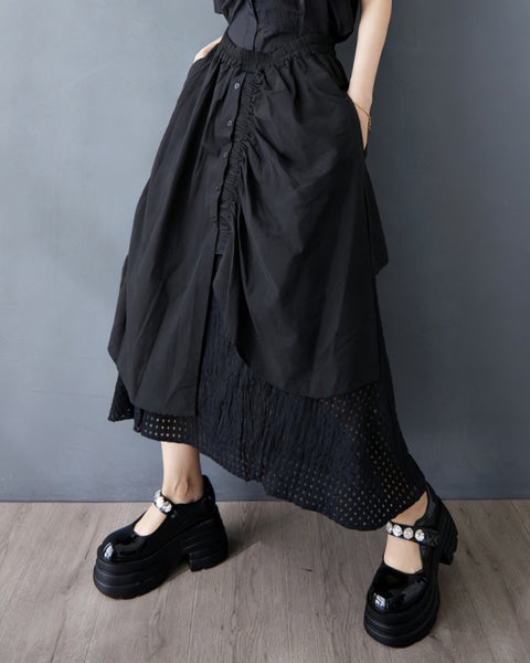 ellazhu Women's Layered Patchwork Maxi Skirt Drawstring Elastic Waist Asymmetrical Hollow Out A Line Gothic GZ920