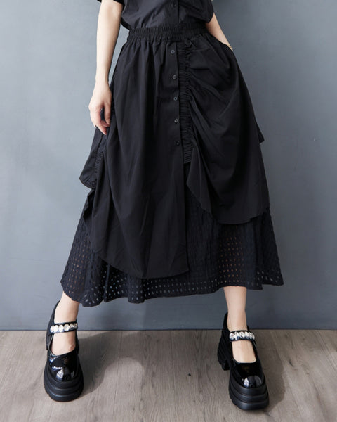 ellazhu Women's Layered Patchwork Maxi Skirt Drawstring Elastic Waist Asymmetrical Hollow Out A Line Gothic GZ920