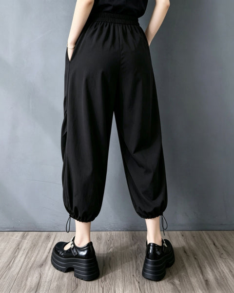 ellazhu Women's Cargo Harem Pants with Pockets Drawstring Cuff Elastic Waist Loose Wide Leg Cropped Joggers GZ921