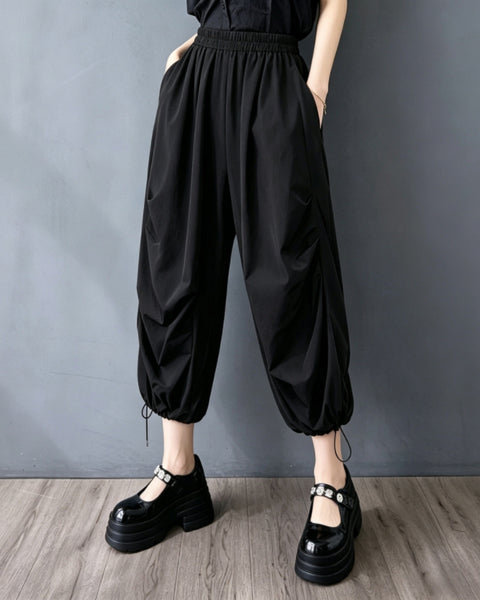 ellazhu Women's Cargo Harem Pants with Pockets Drawstring Cuff Elastic Waist Loose Wide Leg Cropped Joggers GZ921