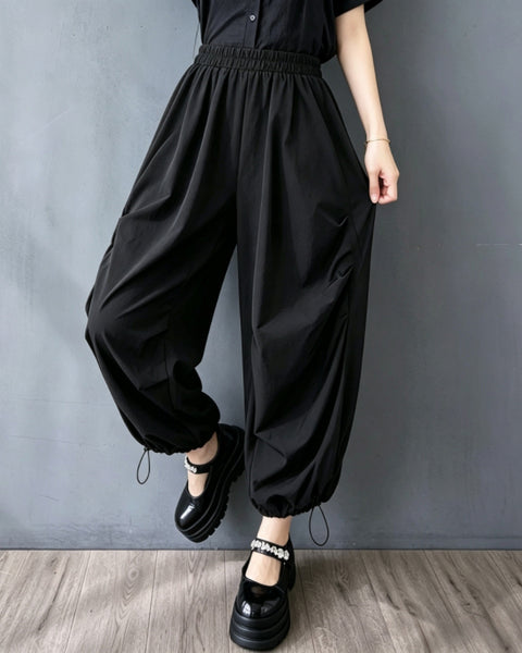 ellazhu Women's Cargo Harem Pants with Pockets Drawstring Cuff Elastic Waist Loose Wide Leg Cropped Joggers GZ921
