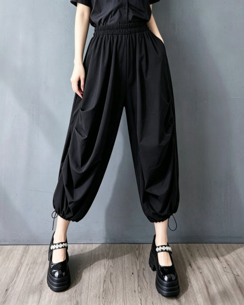 ellazhu Women's Cargo Harem Pants with Pockets Drawstring Cuff Elastic Waist Loose Wide Leg Cropped Joggers GZ921