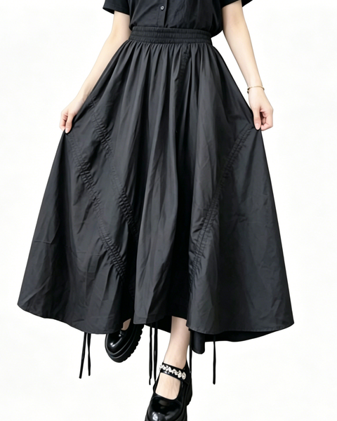 ellazhu Women's Asymmetrical Midi Skirt Drawstring Ruched Elastic Waist Plus Size A Line Pockets Gothic GZ922