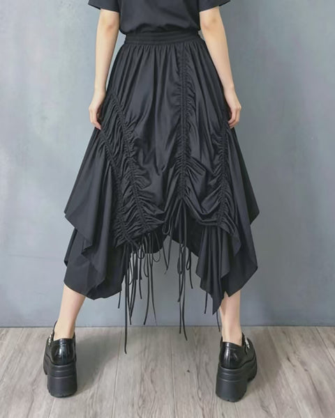 ellazhu Women's Asymmetrical Midi Skirt Drawstring Ruched Elastic Waist Plus Size A Line Pockets Gothic GZ922