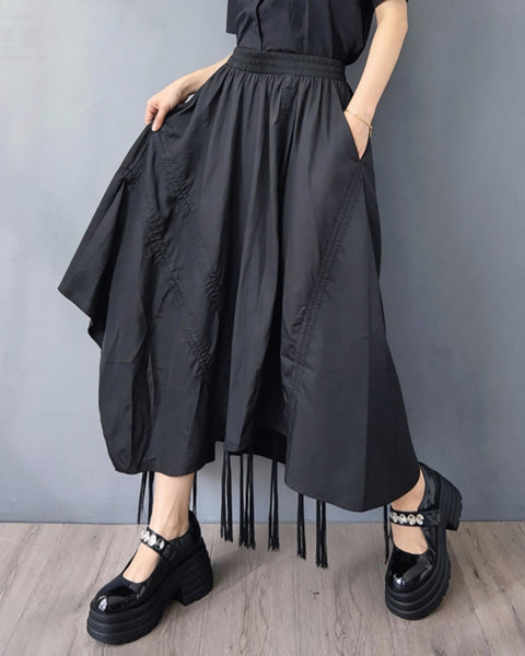 ellazhu Women's Asymmetrical Midi Skirt Drawstring Ruched Elastic Waist Plus Size A Line Pockets Gothic GZ922