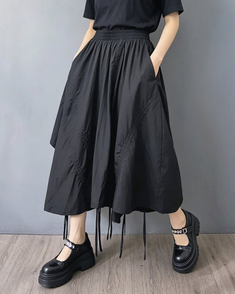 ellazhu Women's Asymmetrical Midi Skirt Drawstring Ruched Elastic Waist Plus Size A Line Pockets Gothic GZ922