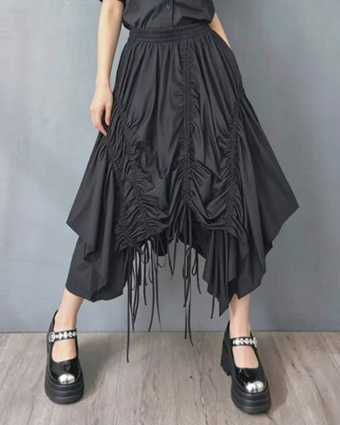 ellazhu Women's Asymmetrical Midi Skirt Drawstring Ruched Elastic Waist Plus Size A Line Pockets Gothic GZ922