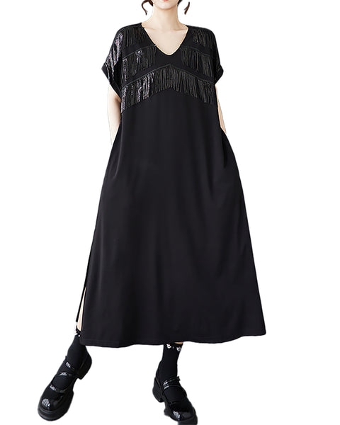 ellazhu Women's Sequin Tassel Fringe V Neck Midi Dress with Pockets Loose Short Sleeve Plus Size A Line Casual GZ923