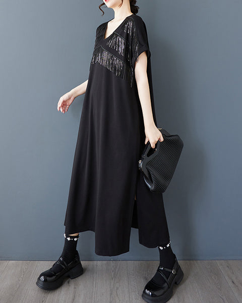 ellazhu Women's Sequin Tassel Fringe V Neck Midi Dress with Pockets Loose Short Sleeve Plus Size A Line Casual GZ923