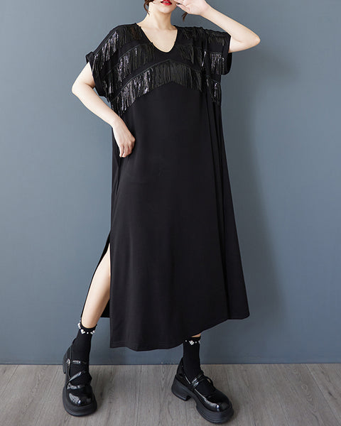 ellazhu Women's Sequin Tassel Fringe V Neck Midi Dress with Pockets Loose Short Sleeve Plus Size A Line Casual GZ923