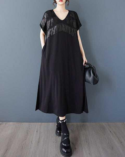ellazhu Women's Sequin Tassel Fringe V Neck Midi Dress with Pockets Loose Short Sleeve Plus Size A Line Casual GZ923