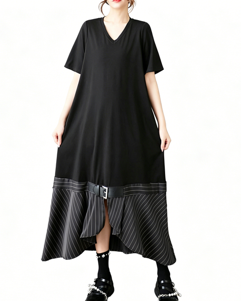 ellazhu Women's V Neck Maxi Dress Striped Patchwork Short Sleeve Belted Pockets Loose Asymmetrical Hem Gothic GZ924