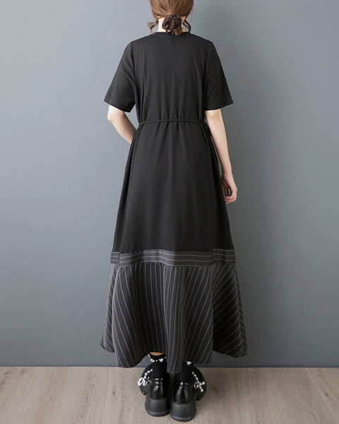 ellazhu Women's V Neck Maxi Dress Striped Patchwork Short Sleeve Belted Pockets Loose Asymmetrical Hem Gothic GZ924