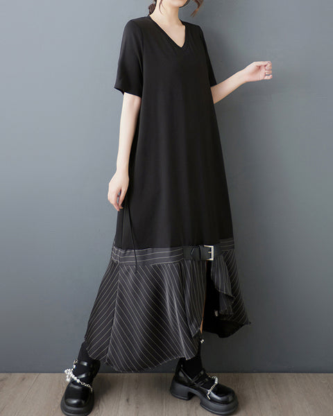 ellazhu Women's V Neck Maxi Dress Striped Patchwork Short Sleeve Belted Pockets Loose Asymmetrical Hem Gothic GZ924