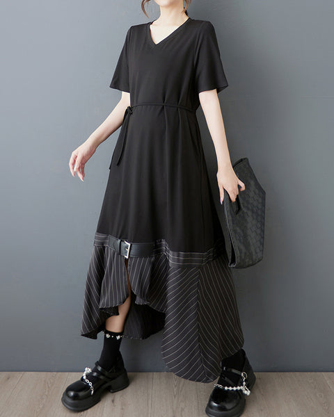 ellazhu Women's V Neck Maxi Dress Striped Patchwork Short Sleeve Belted Pockets Loose Asymmetrical Hem Gothic GZ924