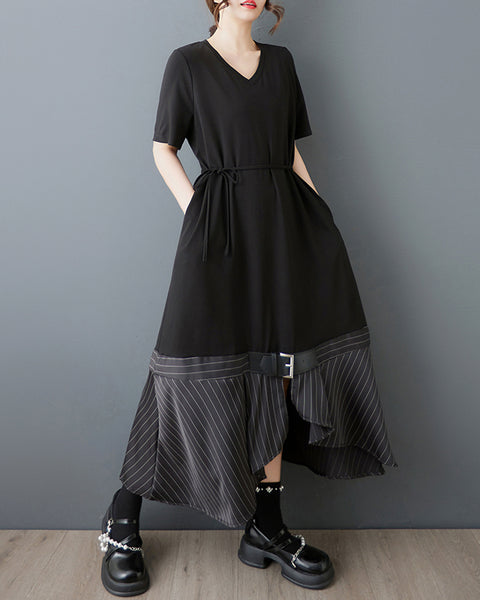 ellazhu Women's V Neck Maxi Dress Striped Patchwork Short Sleeve Belted Pockets Loose Asymmetrical Hem Gothic GZ924