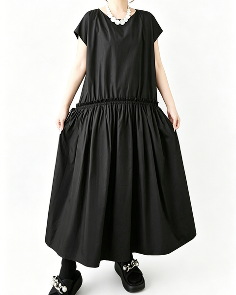 ellazhu Women's Drop Waist Maxi Dress Drawstring Ruched Waist Loose Short Sleeve Crewneck Plus Size Casual GZ925